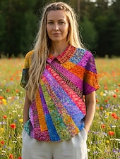  женская блузка пуговицы принт геометрический цвет блоки отпуск повседневная повседневная короткий рукав текстурированная ткань рубашка воротник обычный топы повседневный праздник выход на улицу радуга