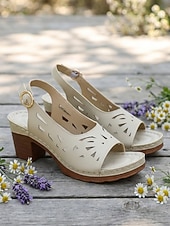 abordables Sandalias de tacón-Sandalias de tacón abierto con aberturas para mujer: sandalias de piel sintética beige con tacón grueso para salidas de verano, fiestas en el jardín y elegancia diaria.