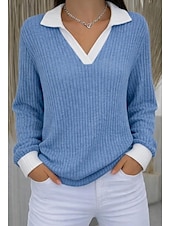 preiswerte Einfarbiges T-Shirt-Damen Rippstricktops T Shirt Falscher Zweiteiler Kontrastfarben Stilvoll Lässig Langarm V Ausschnitt Hemdkragen Normale Oberteile Täglich Ausgehen Schwarz Pudriges Rosa Staubiges Blau Khaki Leicht