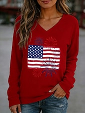 Mujer Camiseta Camiseta superior Estampado Graphic Bandera estadounidense Vintage Elegante Clásico Manga Larga Escote en Pico Tops regulares Diario Noche Fin de semana Blanco Rojo Azul Marino Caqui