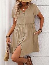 baratos Vestido branco-Mulheres Minivestido vestido de praia Vestido casual Elegante Moda Moderno Ao ar livre Férias Para Noite Normal Tecido Manga Curta Decote V Preto Vinho Azul Marinha Verde Verão Primavera