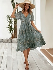 economico Abiti Floreali Stampati-Per donna Abito Midi Abito Boho Vestito in Chiffon Abito Floreale Moda Moderno Vacanza Ferie Vestibilità regolare Fiore Manica Corta Scollo a V Blu Verde chiaro Rosso Blu marino Estate