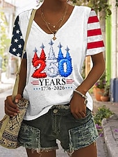  Amerikanischer Unabhängigkeitstag Damen T Shirt Druck Grafik Amerikanische Flagge Vintage Stilvoll Klassisch Kurzarm V Ausschnitt Normale Oberteile Täglich Schwarz Weiß Sommer Frühling
