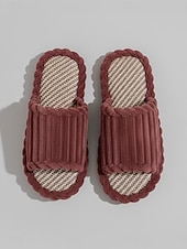 Недорогие Женские тапочки и шлепанцы-Женские темно-красные летние плюшевые домашние тапочки с открытым носком – мягкие, дышащие, с плетеной амортизирующей стелькой для дома, спальни и повседневного комфорта.