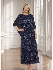 cheap Ankle Length-A-Line Dress Floor Length Ankle Length Cocktail Dress Wedding Guest Dress Mother of the Bride Dress Short Sleeve Half Sleeve Crew Neck Elegant Embellished Sparkle &amp; Shine Formal Chiffon Lace Shawls