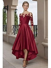 halpa Nilkkapituus-A-linja Epäsymmetrinen Polven yli Juhlamekko Coctail-asu Häävieraspuku Morsiammen äidin asu 3/4 hiha Kauha Tyylikäs Lyhyt ja matala Häävieras Syntymäpäivä Satiini Pitsi kanssa Laskokset Applikaatiot