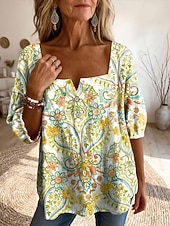 abordables Blusas Florales-Mujer Blusa Estampado Floral Graphic Diario Elegante Básico Media Manga Escote Cuadrado Tops regulares Diario Azul Piscina Amarillo Rosa Verde Trébol Verano Primavera