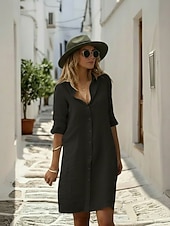 preiswerte Kleider-Damen Knielanges Kleid Kunstbaumwollleinen Hemdblusenkleid Mode Modern Täglich Outdoor Urlaub Lässiger Schnitt Einfach Ärmellos Hemdkragen Schwarz Weiß Grau Leicht Blau Sommer Frühling