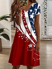 preiswerte Unabhängigkeitstag Kleid-Amerikanischer Unabhängigkeitstag Damen Minikleid T-Shirt-Kleid A Linie Kleid Urlaub Lässig Täglich Normale Passform Grafik Amerikanische Flagge Kurzarm V Ausschnitt Blau Weiß Rote Sommer Frühling