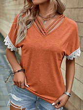 preiswerte Plain tee-Women's Shirt Blouse Lace Tops Patchwork Solid Color Stylish Classic Modern Short Sleeve V Neck Regular Tops Daily Holiday Going out Blue Black Wine Orange Gray Summer Spring