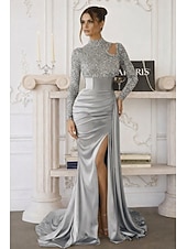 billiga Ballgowns för kvällsbruk-Sjöjungfru trumpet Svepsläp Telång Kvälls klänningar Balklänning med överkjol Formell klädsel Elegant Sidoslits Silkig Långärmad Hög hals Formell Satäng Paljetter med Pärldetaljer Paljett
