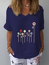 preiswerte Hemden-Damen Baumwoll Mischung T Shirt Druck Grafik Pflanzen Mode Stilvoll Klassisch Kurzarm V Ausschnitt Normale Oberteile Täglich Ausgehen Wochenende Weiß Gelb Tintenblau Grau Leicht Blau Sommer Frühling