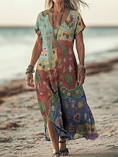  Dame Maxikjole Boho-kjole Uformell kjole Kjole med A-linje Print kjole Årgang utendørs Strand Feriereise Normal Blomstret Grafisk Kortermet V-hals Grønn Sommer Vår