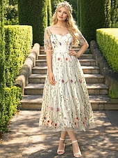 voordelige Cocktailjurken-A-Lijn Bloemenjurk Valentijnsdag Bruiloft Gast Theelength Halve Mouw Illusie Hals Kant met Borduurapplicaties