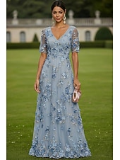 economico Lunghezza del pavimento-Linea ad A Abito Lunghezza al pavimento Vestito maxi Vestito da Festa Abito da Cocktail Abito da cerimonia per signora Manica Corta Scollo a V Elegante Vintage Lussuoso Formale Ospite di nozze Derby