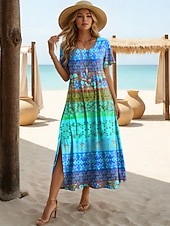 abordables Art &amp; Design Robes-Femmes Robe Midi Robe trapèze Occasionnel Quotidien Plage Coupe Ample Graphique Géométrique Manche Courte Col ras du cou Bleu Violet Orange Vert Été Printemps