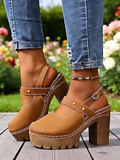 cheap Mary Jane Pumps-Women's Chunky Mary Jane Heels – Brown Platform High Heels with Adjustable Strap for Casual Wear, Office &amp; Garden Party Shoes