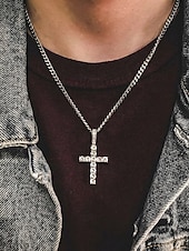 tanie Biżuteria męska-Męski naszyjnik z wisiorkiem w kształcie krzyża, miedź i cyrkonie, kolory złoty i srebrny, błyszczący, modny design, idealny na wakacyjne podróże, do noszenia na co dzień