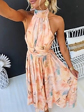 Χαμηλού Κόστους Κομψά φλοράλ φορέματα-Γυναικεία Μακρύ φόρεμα Φόρεμα για τον ήλιο Φορέματα σιφόν Floral φόρεμα Φόρεμα με λαιμόκοψη Κομψό Μοντέρνα ΕΞΩΤΕΡΙΚΟΥ ΧΩΡΟΥ Παραλία Διακοπές Κανονικό Φλοράλ Αμάνικο Λαιμός Πορτοκαλί Καλοκαίρι Άνοιξη