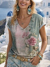 cheap Boho tee-Women's T Shirt Print Floral Graphic Bohemia Vintage Casual Short Sleeve V Neck Regular Tops Daily Green Summer Spring