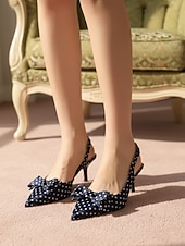 voordelige Slingback Pumps-Dames slingback hakken in marineblauw met stippen - elegante kittenhakken met spitse neus en strikdetail, perfect voor op kantoor, dagelijks gebruik en semi-formele gelegenheden.
