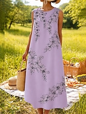 cheap Floral Dress-Women's Midi Dress Shift Dress Sundress A Line Dress Vacation Casual Boho Beach Party Regular Fit Floral Graphic Sleeveless Crew Neck Blue Yellow Pink Purple Summer Spring