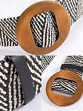 abordables Accesorios de vacaciones-Cinturón tejido bohemio para mujer con hebilla de madera vintage, cinturón de malla de paja para vestir, ideal para vacaciones de verano en la playa y uso diario informal, disponible en varios colores.