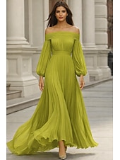 cheap A-Line Evening Dresses-A-Line Floor Length Evening Gown Wedding Guest Dresses Formal Dress Elegant Long Sleeve Off Shoulder Wedding Formal Chiffon with Pleats Ruched