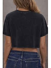 Недорогие Простая футболка-Жен. Футболка Топы с винтажной стиркой Сплошной цвет Винтаж Мода горячий С короткими рукавами Вырез под горло Круглый вырез Укороченные топы Повседневные Спорт На выход Черный Красный Тёмно-синий
