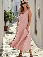 economico Vestiti-Per donna Abito Midi Finto cotone e lino Vestito Canotta Moderno All'aperto Vacanza Ferie Vestibilità comoda Semplice Senza Maniche Collo a U Bianco Rosa Arancione Estate Primavera