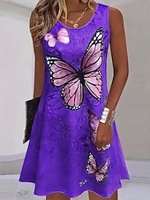 cheap Animals Dress-Mardi Gras Women's Knee Length Dress Sundress A Line Dress Summer Dress Vacation Casual Home Beach Party Regular Fit Floral Graphic Leaf Sleeveless U Neck Blue Red Purple Orange Summer Spring