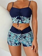 baratos Tankinis-Mulheres Roupa de Banho Tankini Cavado roupa de banho Patchwork Férias Roupa de Praia Gráfico Decote Redondo Sem Manga Fatos de banho