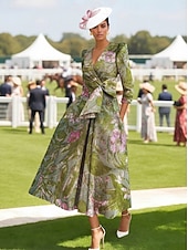  Linha A Longo Vestidos de cocktail Vestidos de festa Elegante Vintage Manga Longa Decote V Casamento Formal Bolsos Fibra Sintética com Laço(s) Fenda Bolsos