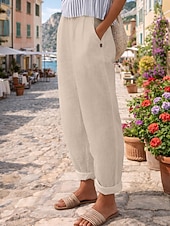 baratos Calças de Luxo-Mulheres Calças de linho de algodão chinês Calça verão Calças Férias Roupa de rua Básico Comprimento total Cintura Média Tecido Bolsos Confortável Conforto Respirável Sem Elasticidade Diário Ao ar