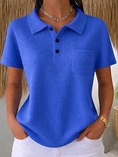 זול חולצות חלקות-חולצת טוניקה ופל לנשים עם כפתורים חלקה וינטאג' מסוגננת קלאסית קצרה שרוולים צוואר עגול עליוניות ארוכות יומיות כחול ורוד כתום כחול בהיר קיץ אביב