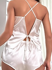 baratos Tops e partes de baixo de dormir para mulher-Mulheres Loungewear Conjunto de Pijama Moda Simples Casual Cor imaculada Pijama de cetim sedoso Cintura elástica Frente Única Calção Casa Férias Sem Manga Correias Preto Branco Vinho Verão Primavera