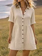 abordables Robe Simple-Robe-chemise courte pour femme, basique, décontractée, pour le quotidien, les vacances, coupe classique, manches courtes, col, noir, rose, abricot, été