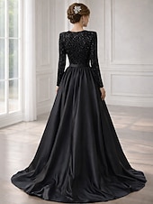 abordables Vestidos de noche de cintura imperio-Vestido de Gala Hasta el Suelo Trajes de gala Vestidos de noche Corte Cenicienta Vestimenta formal Brillos Y Estrellas Manga Larga Escote en Pico Invitado a la boda Fiesta de Boda Bolsillo Satén con