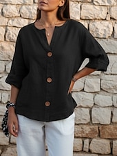 economico Camicie-Per donna Camicia Camicie di cotone e lino Blusa Bottoni Semplice Elegante Mezza Manica Scollo a V Top Regolari Quotidiano Ferie Uscire Nero Bianco Giallo Blu marino Arancione Estate Primavera