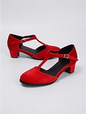 cheap 1950s Retro-Women's Vintage 1950s Red Velvet Mary Jane Shoes - Elegant T-Strap Block Heels with Round Toe for Retro Parties, Holiday Banquets &amp; Classic Daily Fashion
