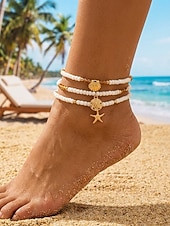 cheap Vacation Accessories-Women's Boho Elastic Beaded Anklet Set, Alloy Beads, Stretchable, Multi-Color, Trendy Summer Foot Jewelry, Perfect for Vacation, Travel and Daily Casual Wear