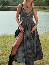 Χαμηλού Κόστους Boho φορέματα-Γυναικεία Μίντι φόρεμα Φόρεμα Boho Καθημερινό φόρεμα Σλιπ Φόρεμα Κομψό Μοντέρνα Διακοπές Εξόδου Σαββατοκύριακο Κανονικό Γεωμετρικό Αμάνικο Λαιμόκοψη V Μαύρο Κίτρινο Μπορντώ Πράσινο του τριφυλλιού