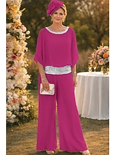 billiga Mammas byxdräkter-Tvådelad Byxor Golvlång Klänning till brudens mor Halvlång ärm Båthals Elegant Vintage Enkel Bröllopsgäst Helgdag Formell kväll Chiffong med Paljett