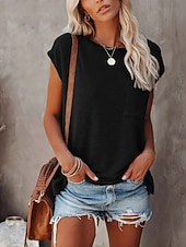 preiswerte Einfarbiges T-Shirt-Damen Bluse Tasche Einfach Vintage Stilvoll Ärmellos Rundhalsausschnitt Normale Oberteile Täglich Ferien Ausgehen Schwarz Gelb Rosa Purpur Grün Sommer Frühling