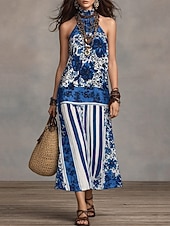 cheap Floral Dress-Women's Maxi Dress Casual Dress Chiffon Dress Swing Dress Boho Chic Dresses Bohemia Vacation Tropical Beach Holiday Date Regular Fit Floral Sleeveless Halter Neck Blue Navy Blue Fuchsia Summer Spring