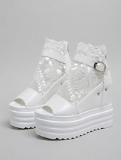 tanie Panna młoda-damskie białe koturny na platformie z odkrytymi palcami – stylowe buty ślubne na miejskie wesela