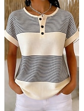 economico T-shirt a righe e geometrico-T-shirt waffle per donna a blocchi di colore con stampa a bottoni frontali grafica geometrica vintage elegante classica maniche corte a girocollo top regolari quotidiani rosa arancione beige estivo