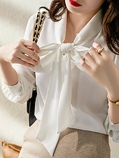 Недорогие Блузки и рубашки-Жен. Рубашка Блуза Топы из шифона галстук спереди Сплошной цвет Полотняное плетение Активный Стиль Классический Длинный рукав Вырез под горло галстук-шея Обычные топы Повседневные Уличная одежда Офис