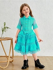 cheap Casual Dresses-2 Pieces Kids Girls' Solid Color Lace Dress Suits Set Short Sleeve Fashion Outdoor 4 years+ Summer Blue White Pink