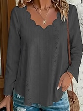 abordables Blusas Elegantes-Mujer Camisa de punto Parte superior con ojales Blusa Ahuecado Plano Activo Casual Manga Larga Escote en Pico Tops regulares Casual Diario Playa Azul Piscina Negro Blanco Rosa Verde Trébol Verano